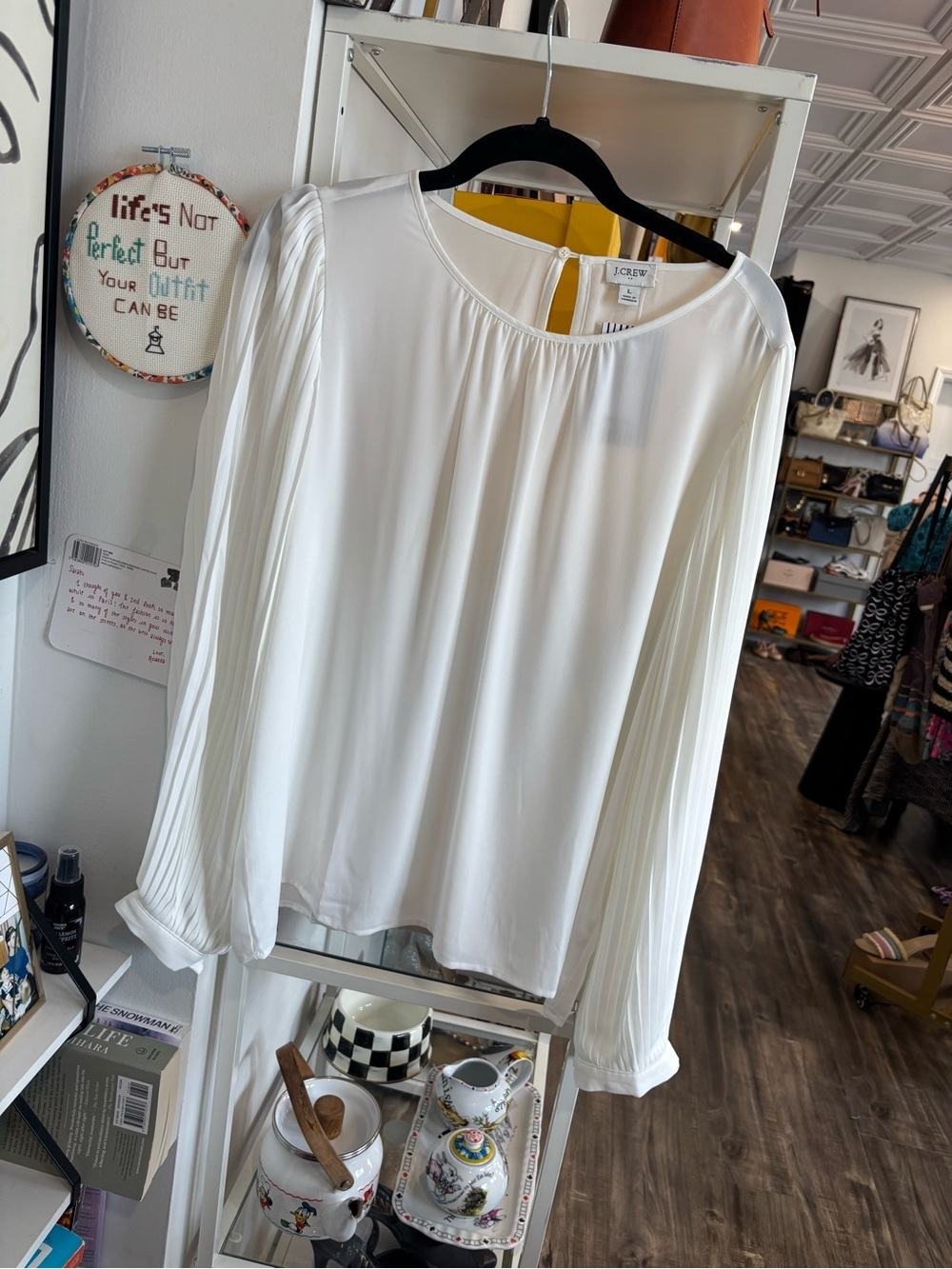 J. Crew Ivory Pleated Long-Sleeve Blouse